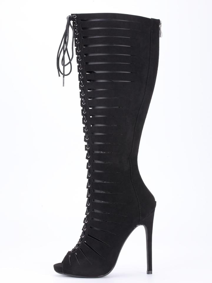 Shein Black Satin Strappy Peep Toe Knee High Heels