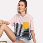 Shein Pocket Patched Striped Tee