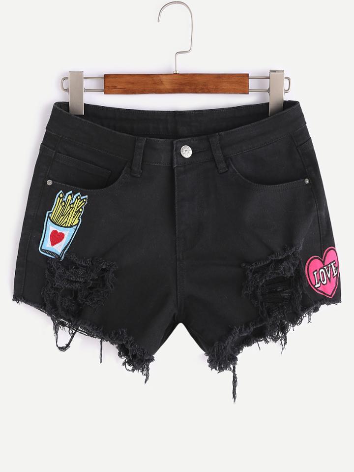 Shein Patch Detail Distressed Denim Shorts