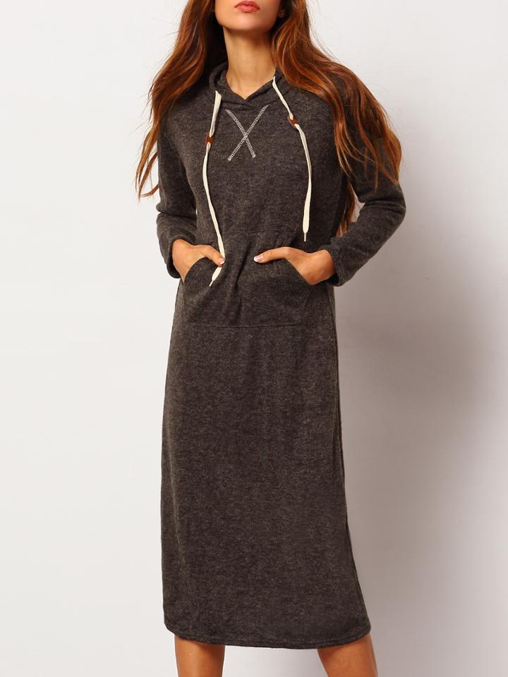 Shein Grey Drawstring Hooded Pockets Sweatshirt Dress