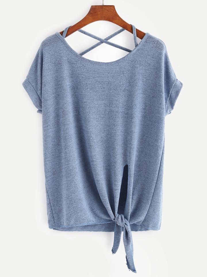 Shein Blue Criss Cross Back Knotted Hem T-shirt