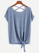 Shein Blue Criss Cross Back Knotted Hem T-shirt