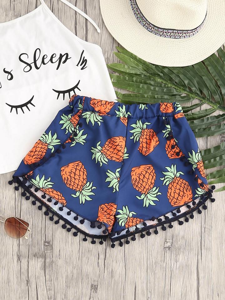 Shein Pineapple Print Pom Pom Hem Shorts