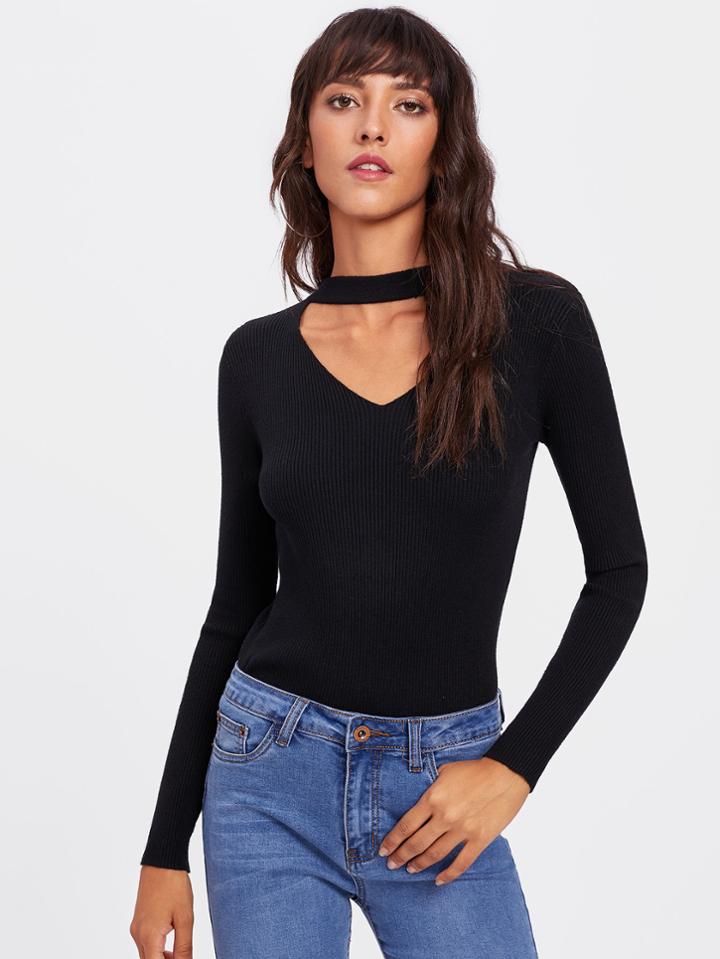 Shein V Cut Neck Ribbed Tee