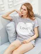 Shein Love Print Tee With Shorts Pajama Set