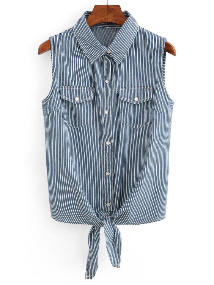 Shein Vertical Striped Tie-front Sleeveless Blouse - Blue