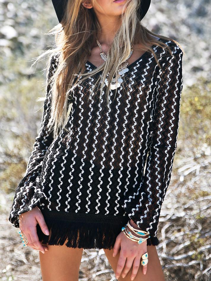 Shein Black White V Neck Wave Pattern Fringe Dress