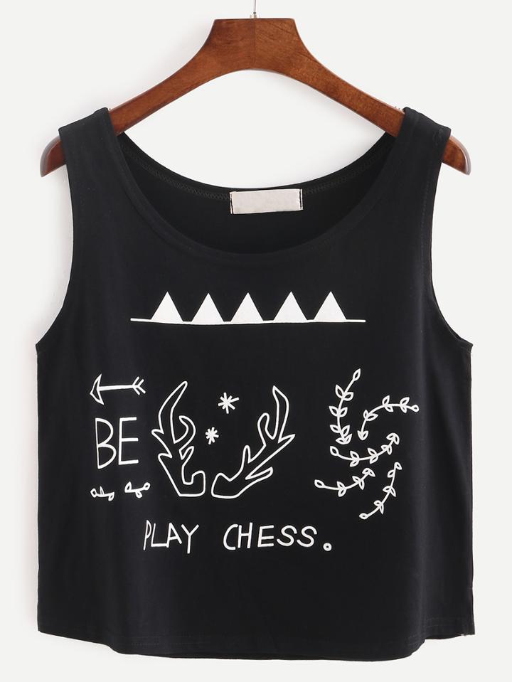 Shein Graphic Print Crop Tank Top - Black