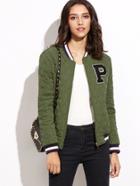 Shein Olive Green Striped Trim Quilted Padded Jacket With Letter Patch