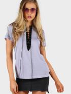 Shein Lace Up Plunge Neck Roll Cuff Tee