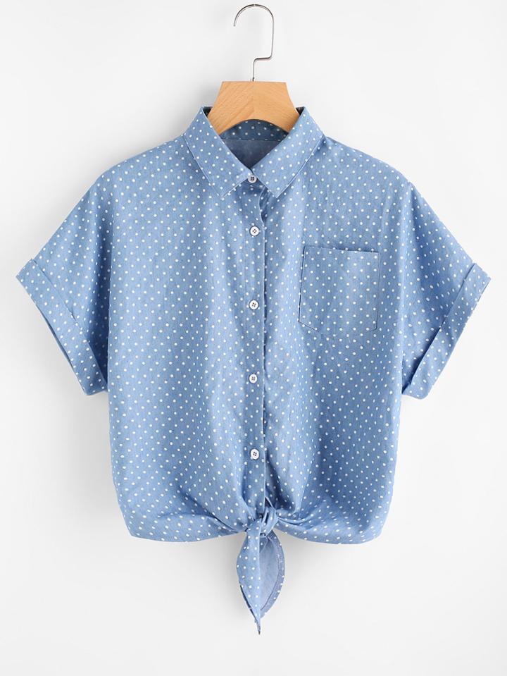 Shein Cuffed Sleeve Tie Front Polka Dot Chambray Shirt
