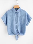 Shein Cuffed Sleeve Tie Front Polka Dot Chambray Shirt