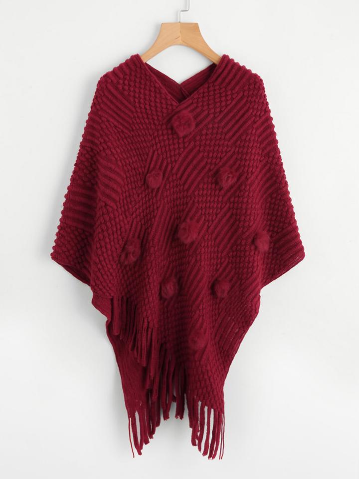 Shein Faux Fur Ball Applique Fringe Ponchos Sweater