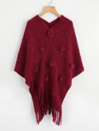 Shein Faux Fur Ball Applique Fringe Ponchos Sweater