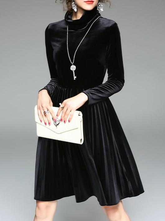 Shein Black Collar Pleated Velvet Dress