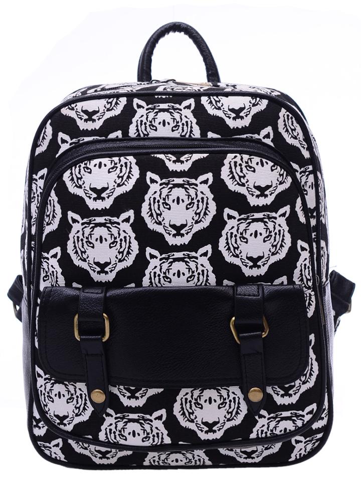 Shein Black White Tiger Print Canvas Backpack