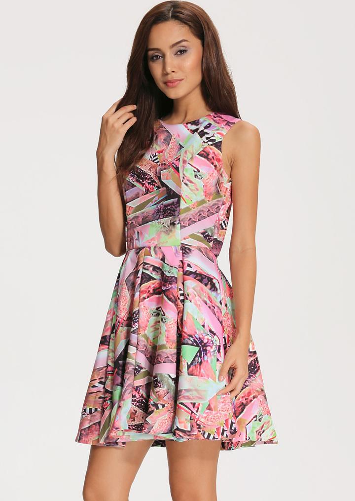 Shein Multicolor Round Neck Sleeveless Print Pleated Dress