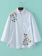 Shein Blue Flower Embroidery Pocket Blouse