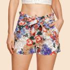 Shein Self Belted Flower Print Frilled Shorts