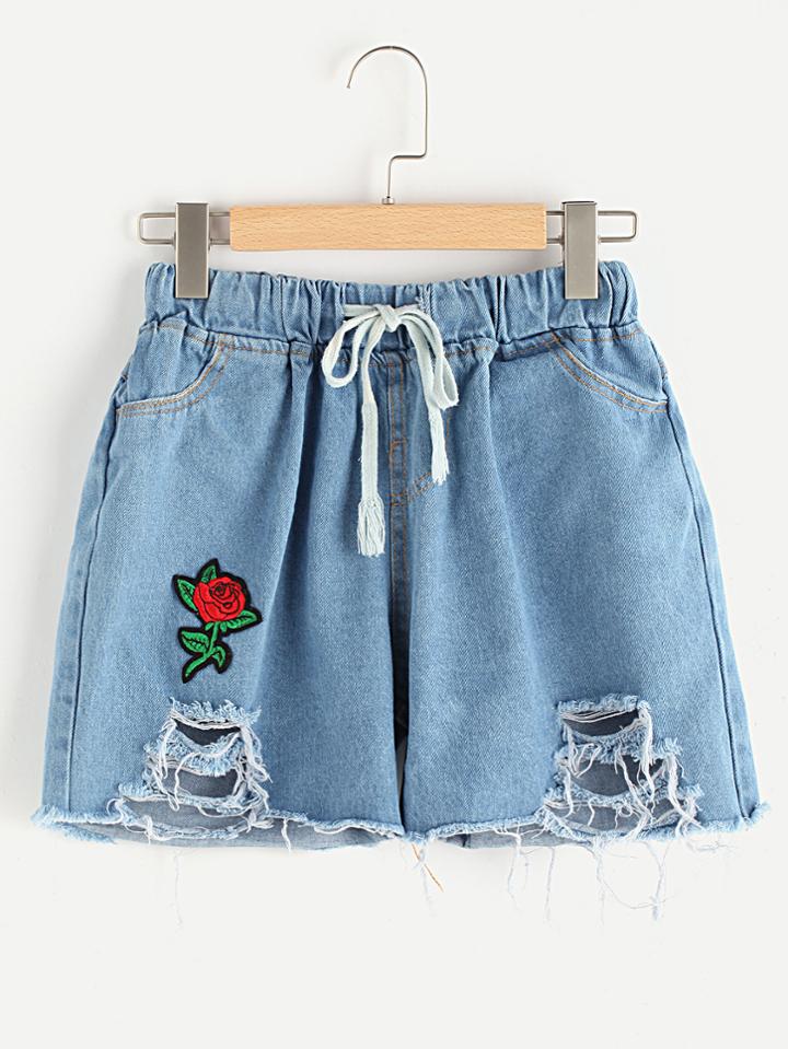 Shein Ripped Applique Raw Hem Denim Shorts