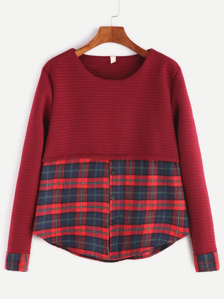 Shein Contrast Plaid Curved Hem Ribbed Sweatshirt
