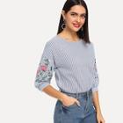 Shein Flower Print Lantern Sleeve Striped Top