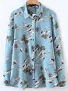 Shein Blue Cranes Print Blouse With Buttons