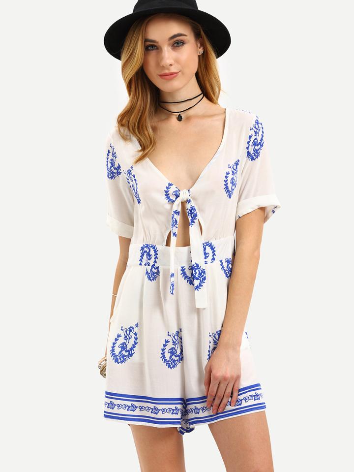 Shein Cutout Knot-front Printed Romper - White