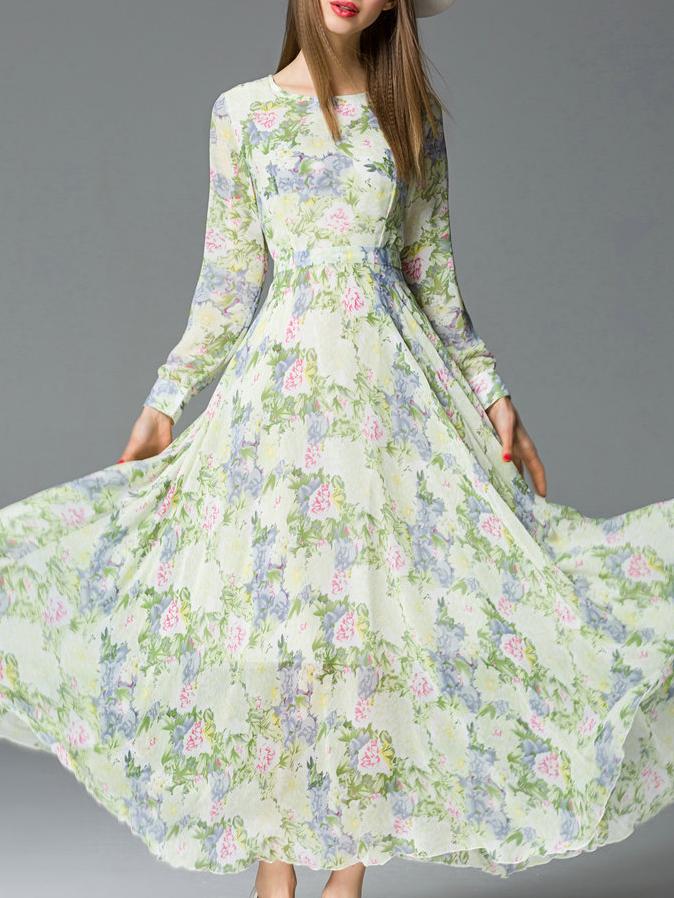 Shein Mint Crew Neck Floral A-line Maxi Dress