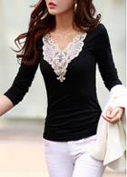 Rosewe Charming Long Sleeve Lace Splicing Black T Shirt
