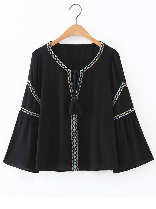 Shein Black Embroidery Tassel Tie V Neck Blouse