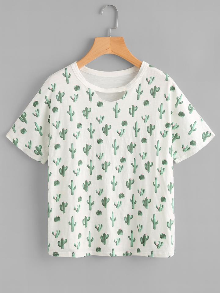 Shein Cutout Cactus Print Slub Tee