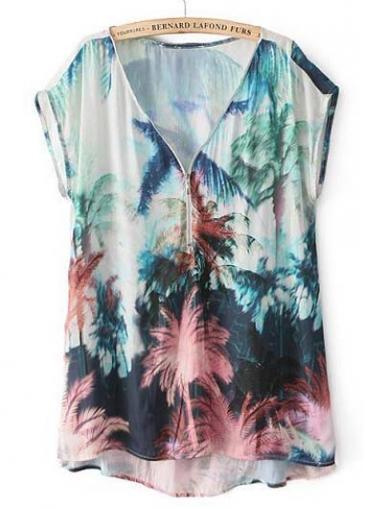 Rosewe Pretty Short Sleeve V Neck Print Zip Fly Tees