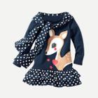 Shein Girls Deer Print Ruffle Hem Dress With Scarf