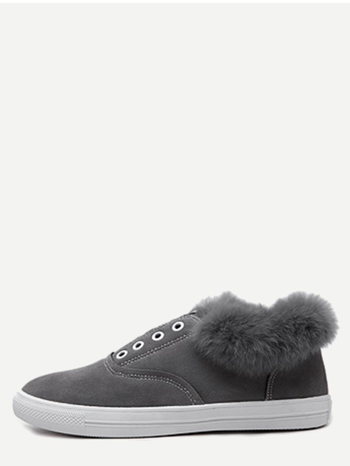 Shein Grey Suede Fur Cuff Rubber Sole Flats