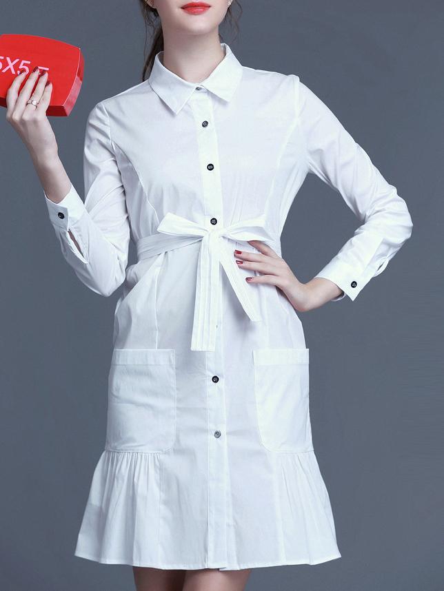 Shein White Tie Waist Pockets Drop Waist Dress