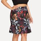 Shein Plus Flower Print Flounce Hem Skirt