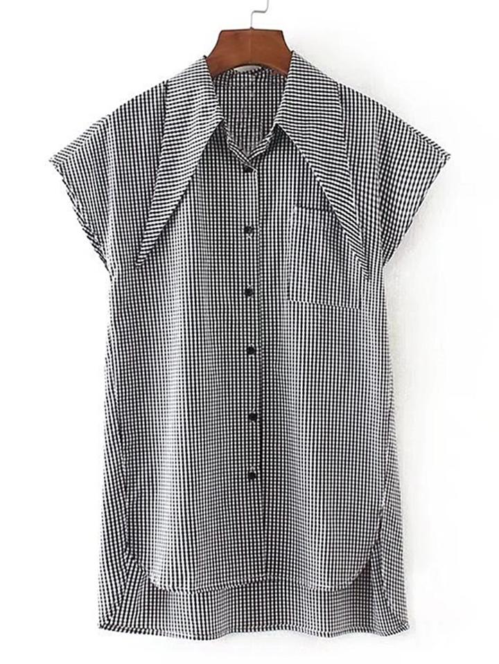 Shein Point Collar Gingham High Low Blouse