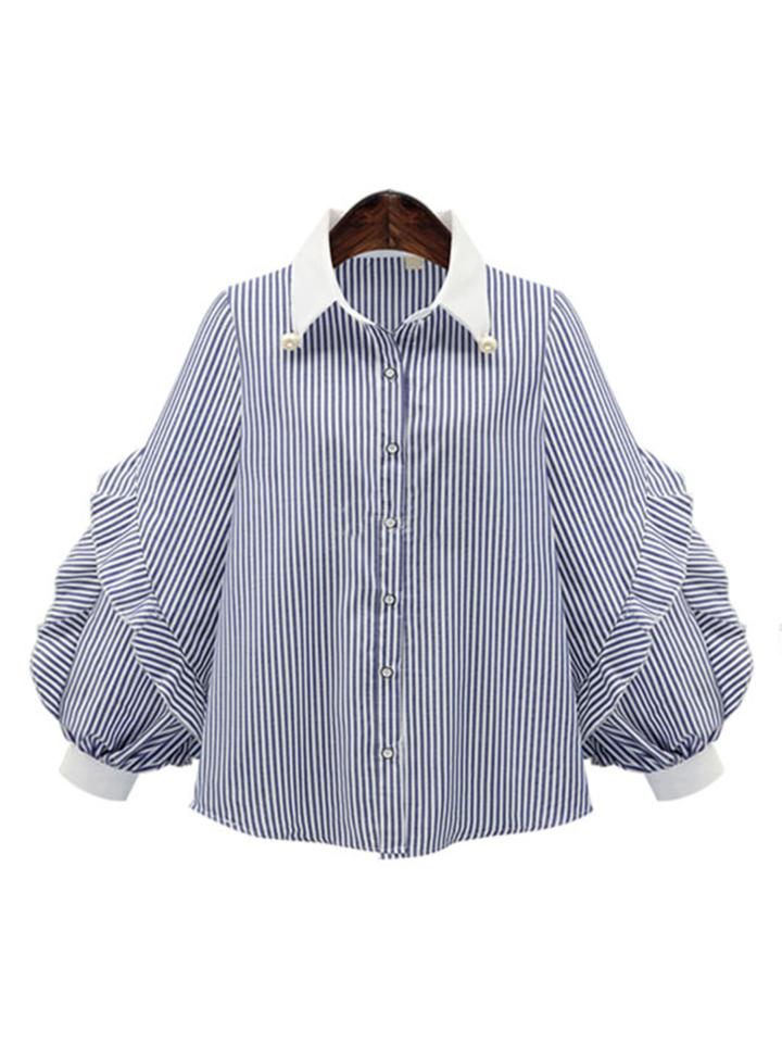 Shein Exaggerated Bishop Sleeve Pearl Detail Shirt