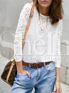 Shein Beige Long Sleeve With Lace Blouse