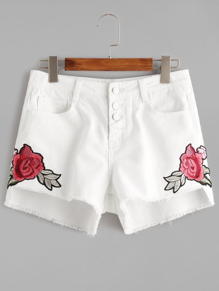 Shein Buttoned Fly Flower Embroidered Stepped Hem Denim Shorts