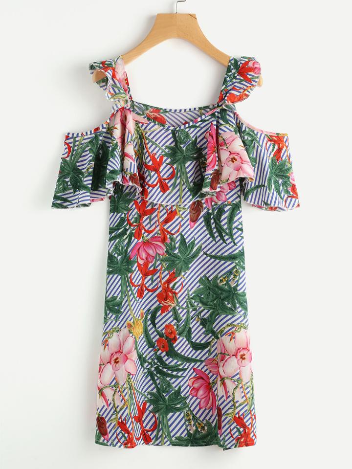 Shein Random Jungle Print Flounce Layered Striped Dress