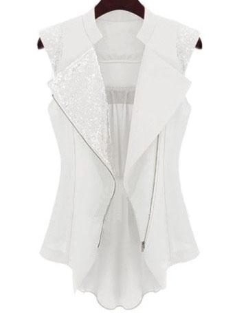 Shein Stand Collar Sequined Chiffon White Vest Coat