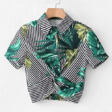 Shein Contrast Stripe Foliage Print Twist Crop Blouse