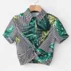 Shein Contrast Stripe Foliage Print Twist Crop Blouse