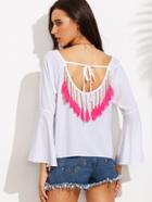 Shein White Tassel Trim Tie Back Bell Sleeve Blouse