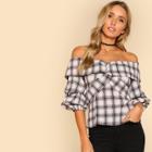 Shein Gathered Sleeve Twist Front Plaid Bardot Top