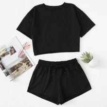 Shein Drop Shoulder Crop Tee With Shorts