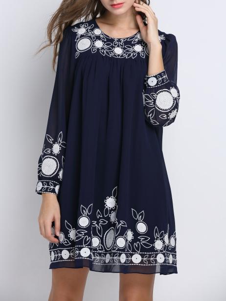 Shein Navy Crew Neck Embroidered Shift Dress