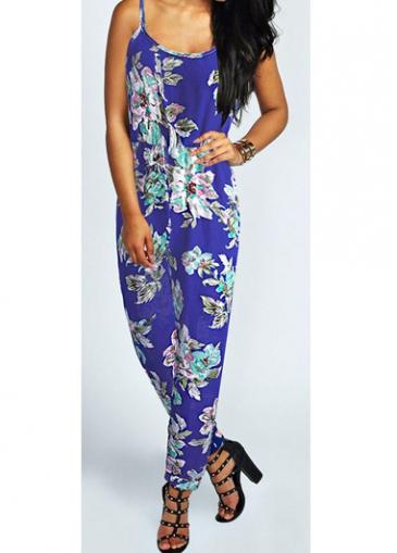 Rosewe Elastic Waist Flower Print Spaghetti Strap Jumpsuit